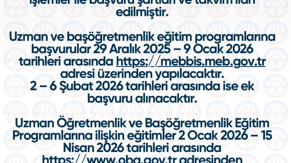 2026 Yılı Öğretmenlik Mesleği Kariyer Basamaklarında İlerlemeye İlişkın Kılavuz'da öğretmenlerin kariyer basamaklarında ilerlemelerine ilişkin yapılması gereken iş ve işlemler ile başvuru şartlan ve takvim ilan edilmiştir.